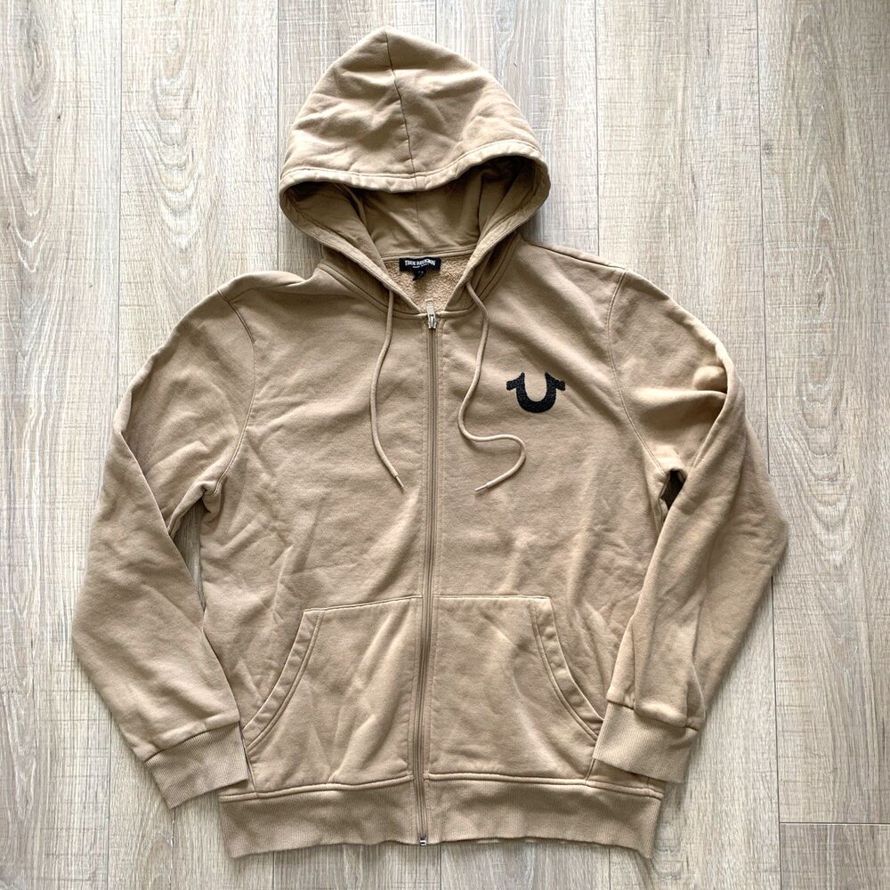True Religion Fleece Long Sleeve Full-Zip Hoodie Hooded Pockets Tan Mens Size L